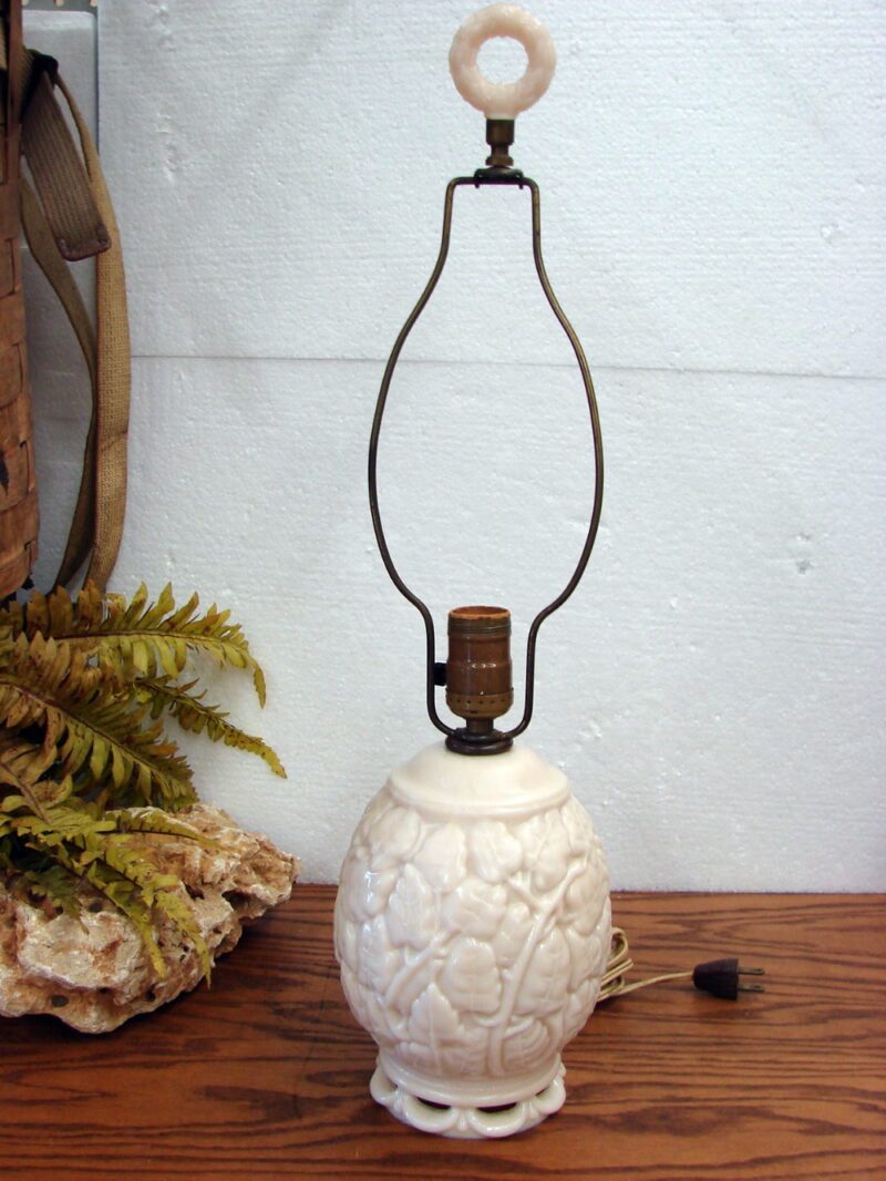 Vintage 1920-30&#8217;s Aladdin Ivory Alacite Oak Leaf Electric Lamp w/ Hardware and Finial, Moose-R-Us.Com Log Cabin Decor