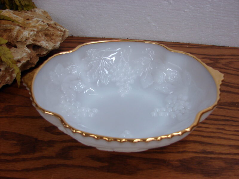 Vintage Anchor Hocking Milk Glass Gold Grape Deep Bowl Tab Handles, Moose-R-Us.Com Log Cabin Decor