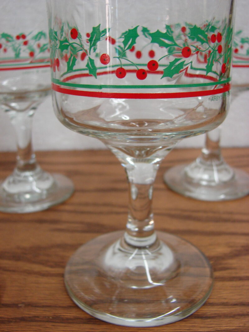 Vintage Libbey Arby&#8217;s Christmas Holly Berry Glasses Wine Dessert Bow Stem, Moose-R-Us.Com Log Cabin Decor