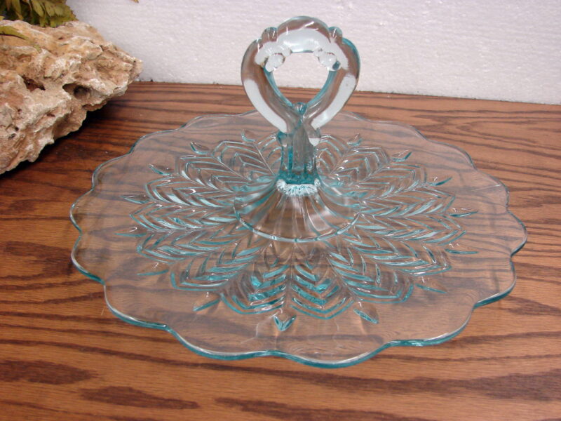 Vintage Jeanette Glass 12&#8243; Tidbit Tray with Center Handle Blue Feather, Moose-R-Us.Com Log Cabin Decor