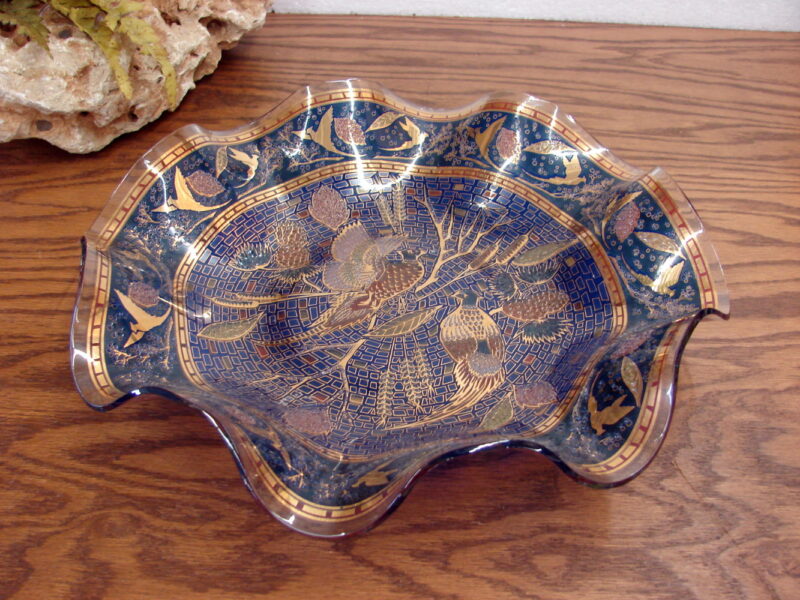 Vintage MCM Houze Art Glass Ruffled Edge Mosaic Pheasant Pair Decorative Bowl, Moose-R-Us.Com Log Cabin Decor