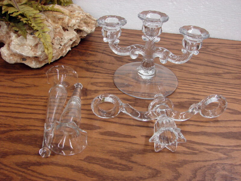 Crystal Cambridge Arm Glass Candelabra Candle Holder Epergne With 2 Vases, Moose-R-Us.Com Log Cabin Decor