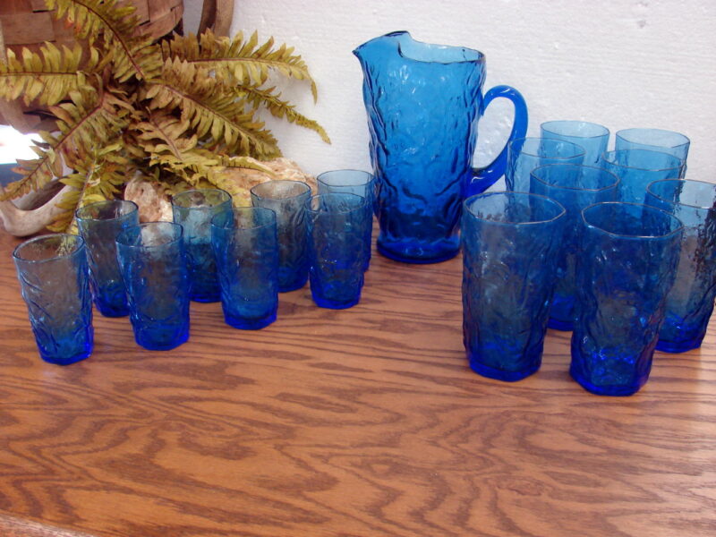 Vintage 17 pc Set Seneca Driftwood Delphine Blue Royal Morgantown Crinkle Pitcher Glasses, Moose-R-Us.Com Log Cabin Decor