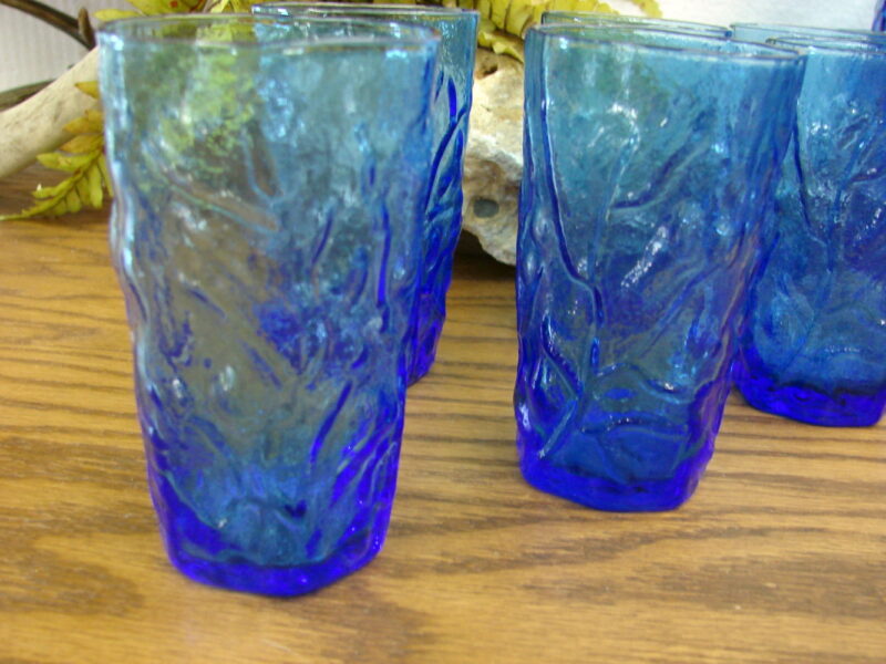 Vintage 17 pc Set Seneca Driftwood Delphine Blue Royal Morgantown Crinkle Pitcher Glasses, Moose-R-Us.Com Log Cabin Decor