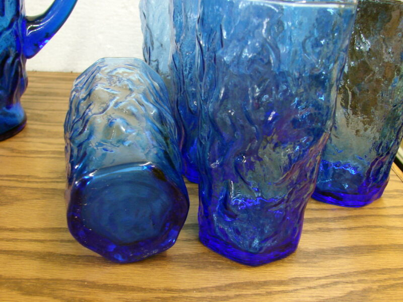 Vintage 17 pc Set Seneca Driftwood Delphine Blue Royal Morgantown Crinkle Pitcher Glasses, Moose-R-Us.Com Log Cabin Decor