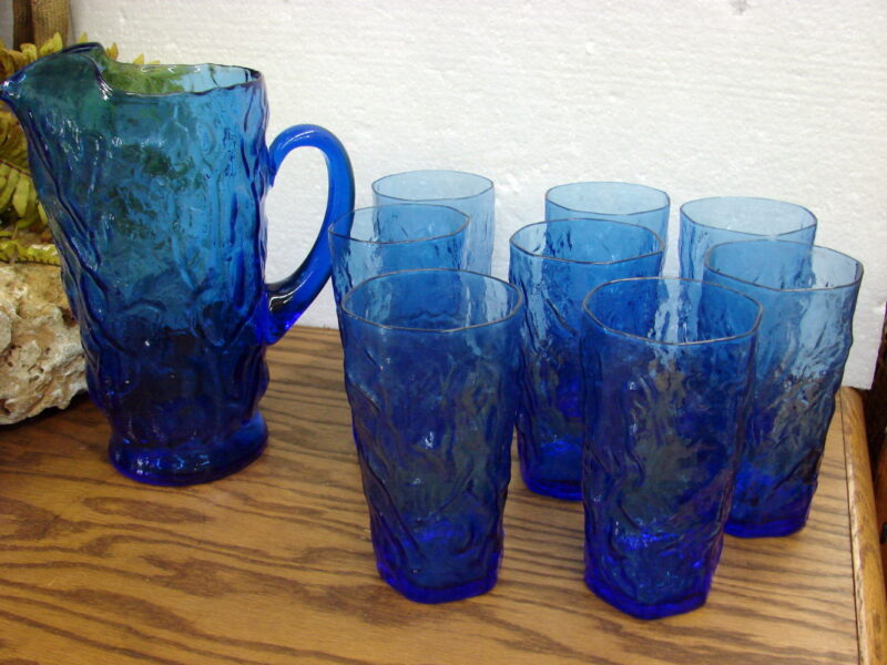 Vintage 17 pc Set Seneca Driftwood Delphine Blue Royal Morgantown Crinkle Pitcher Glasses, Moose-R-Us.Com Log Cabin Decor