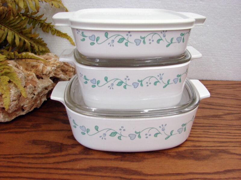 Set/3 Vintage Corning Ware Country Cottage Blue Heart Casserole w/ Lid, Moose-R-Us.Com Log Cabin Decor