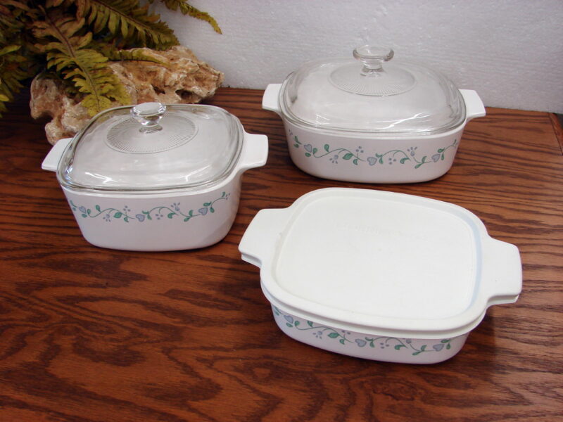 Set/3 Vintage Corning Ware Country Cottage Blue Heart Casserole w/ Lid, Moose-R-Us.Com Log Cabin Decor