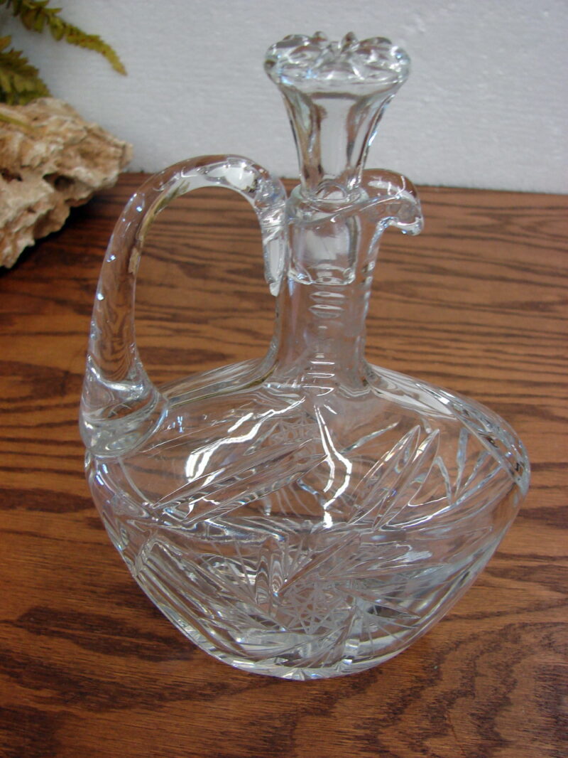 Vintage Large Clear Glass Decanter Cruet w/ Stopper Flat Pinwheel Design, Moose-R-Us.Com Log Cabin Decor