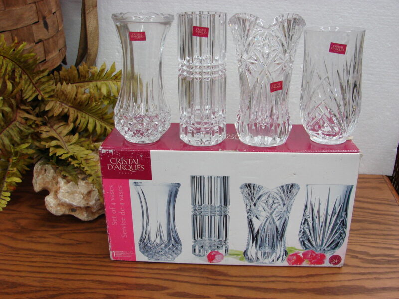 Cristal d&#8217;Arques Paris 24% Crystal Vase Set of 4 Variety in Original Box, Moose-R-Us.Com Log Cabin Decor