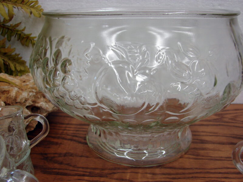 Vintage Jeanette Glass Fruit Design Punch Bowl w/ 21 Cups, Moose-R-Us.Com Log Cabin Decor