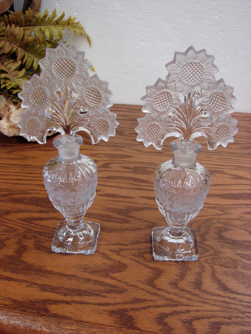 Set/2 Vintage Imperial Glass Crystal Sunflower Perfume w/ Glass Stopper 10&#8243;, Moose-R-Us.Com Log Cabin Decor