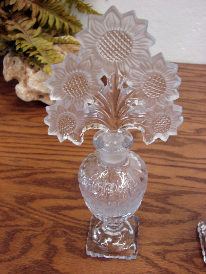 Set/2 Vintage Imperial Glass Crystal Sunflower Perfume w/ Glass Stopper 10&#8243;, Moose-R-Us.Com Log Cabin Decor