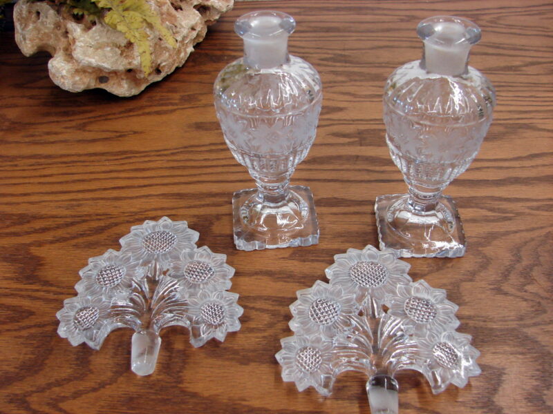 Set/2 Vintage Imperial Glass Crystal Sunflower Perfume w/ Glass Stopper 10&#8243;, Moose-R-Us.Com Log Cabin Decor