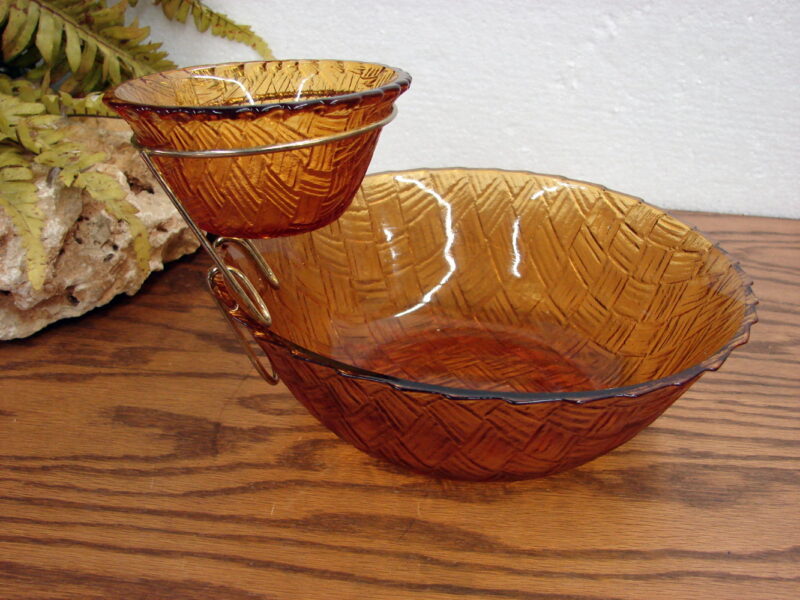 Vintage Indiana Glass Dark Amber Basket Weave Chip Dip Bowls w/ Bracket, Moose-R-Us.Com Log Cabin Decor