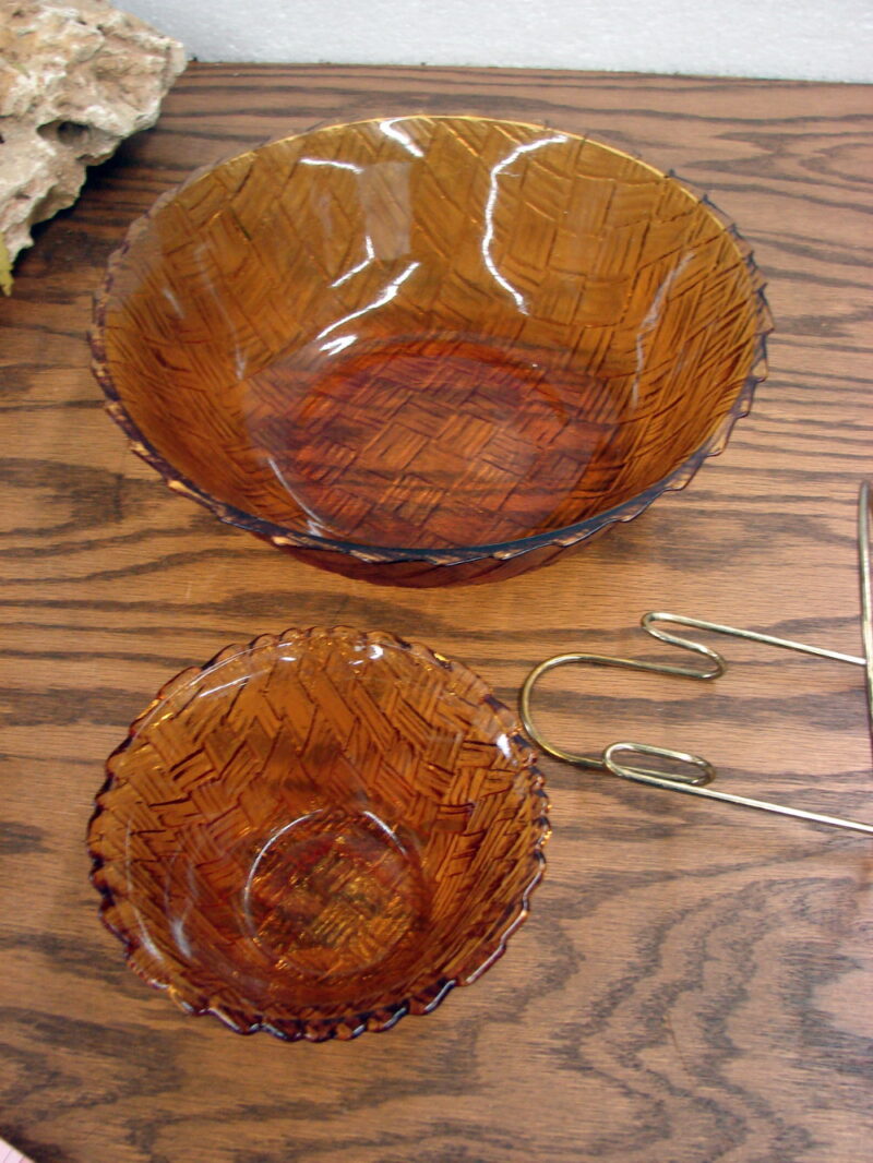 Vintage Indiana Glass Dark Amber Basket Weave Chip Dip Bowls w/ Bracket, Moose-R-Us.Com Log Cabin Decor