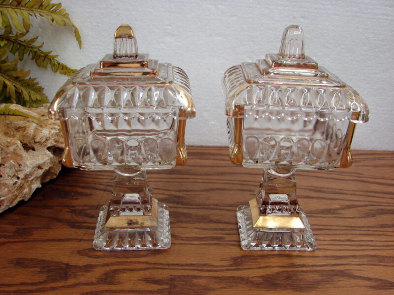 Set/2 Vintage Jeanette Clear Glass Square Pedestal Candy Dish W/ Lid Wedding Box Gold, Moose-R-Us.Com Log Cabin Decor