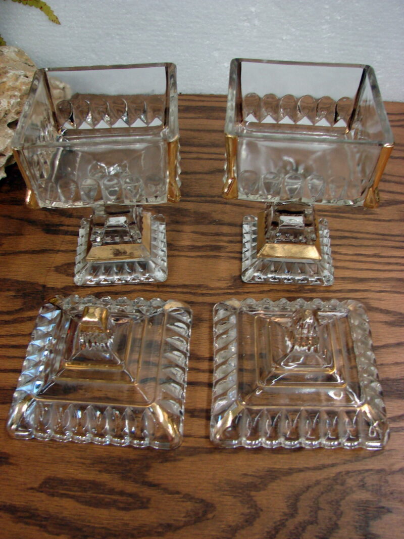 Set/2 Vintage Jeanette Clear Glass Square Pedestal Candy Dish W/ Lid Wedding Box Gold, Moose-R-Us.Com Log Cabin Decor