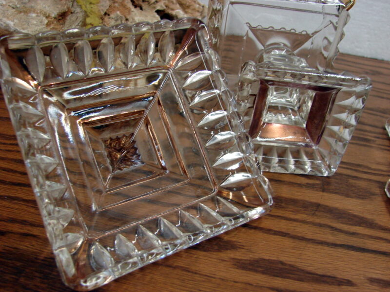 Set/2 Vintage Jeanette Clear Glass Square Pedestal Candy Dish W/ Lid Wedding Box Gold, Moose-R-Us.Com Log Cabin Decor