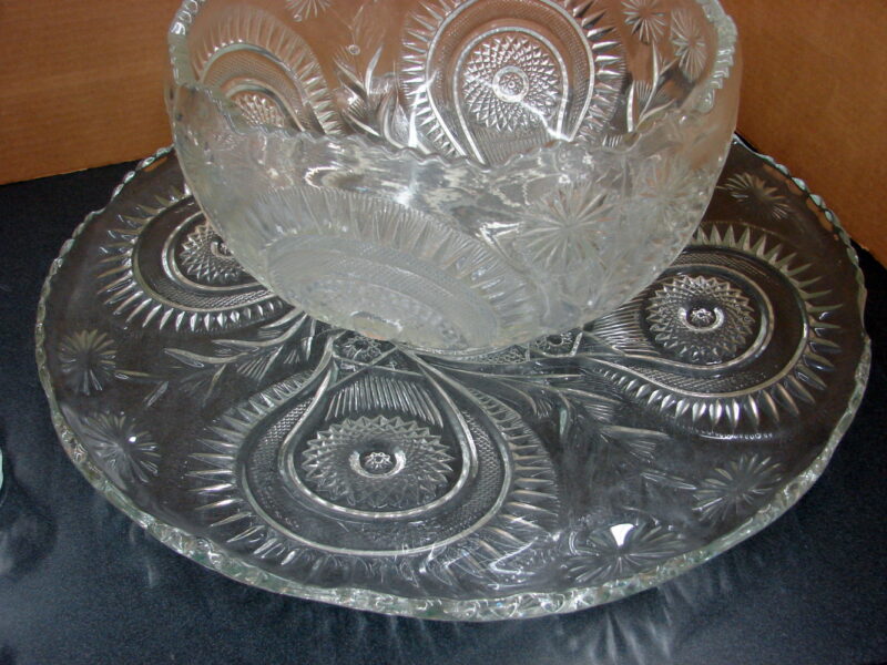 Vintage LE Smith Glass Pinwheel Skewed Horseshoe Punch Bowl Cups Tray 15 pc Set, Moose-R-Us.Com Log Cabin Decor