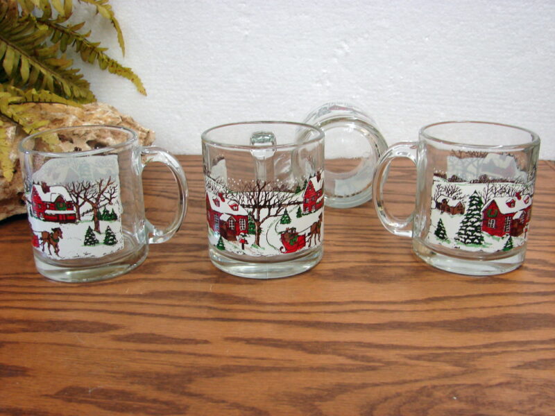 Set/4 Vintage Libbey Currier and Ives Christmas Glass Mugs Winter Snow Scene, Moose-R-Us.Com Log Cabin Decor