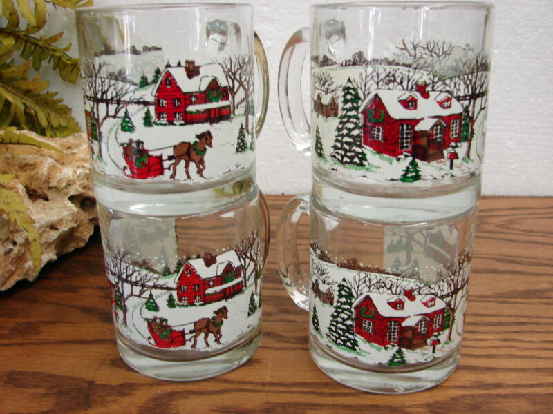 Set/4 Vintage Libbey Currier and Ives Christmas Glass Mugs Winter Snow Scene, Moose-R-Us.Com Log Cabin Decor