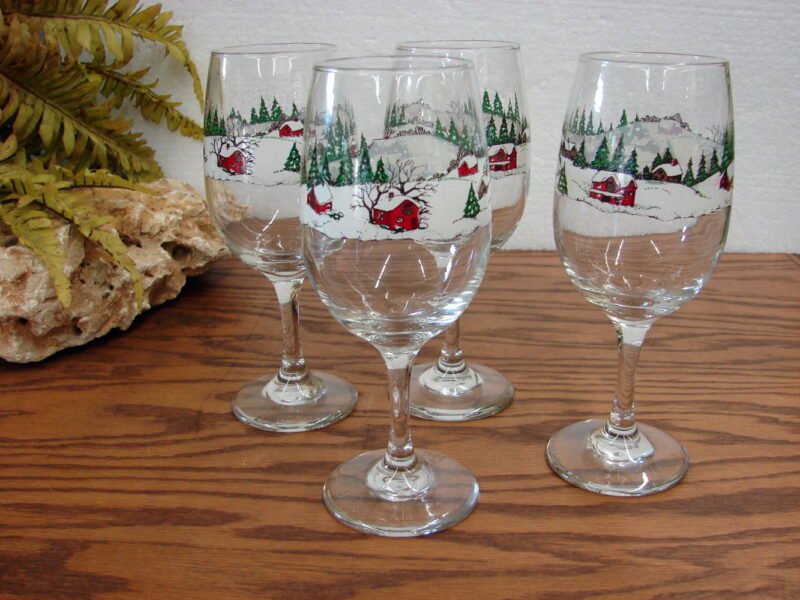 Set/4 Vintage Libbey Currier and Ives Christmas Wine Glasses Winter Snow Scene, Moose-R-Us.Com Log Cabin Decor