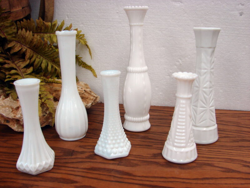 Vintage Milk Glass Set/6 Long Stem Bud Vases Hooser Anchor Hocking, Moose-R-Us.Com Log Cabin Decor