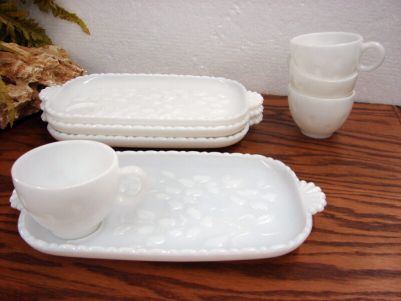 Vintage MCM Hazel Atlas Dogwood Milk Glass Snack Set for Four, Moose-R-Us.Com Log Cabin Decor