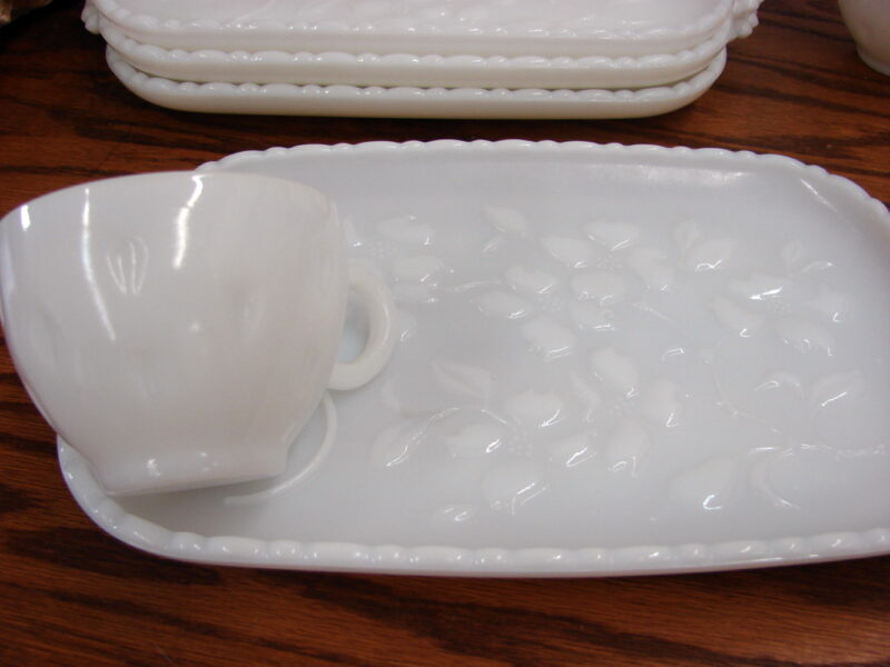 Vintage MCM Hazel Atlas Dogwood Milk Glass Snack Set for Four, Moose-R-Us.Com Log Cabin Decor