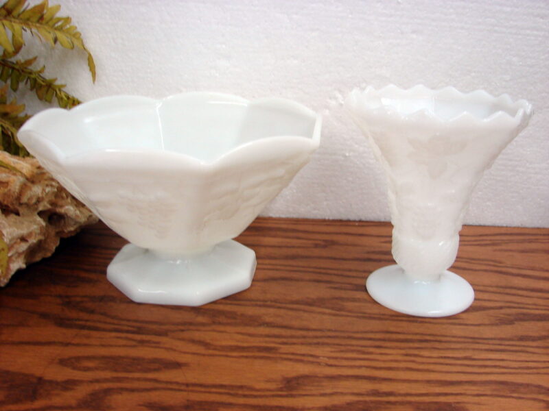 Vintage Milk Glass Footed Pedestal Grape Pattern Vase &#038; Compote, Moose-R-Us.Com Log Cabin Decor