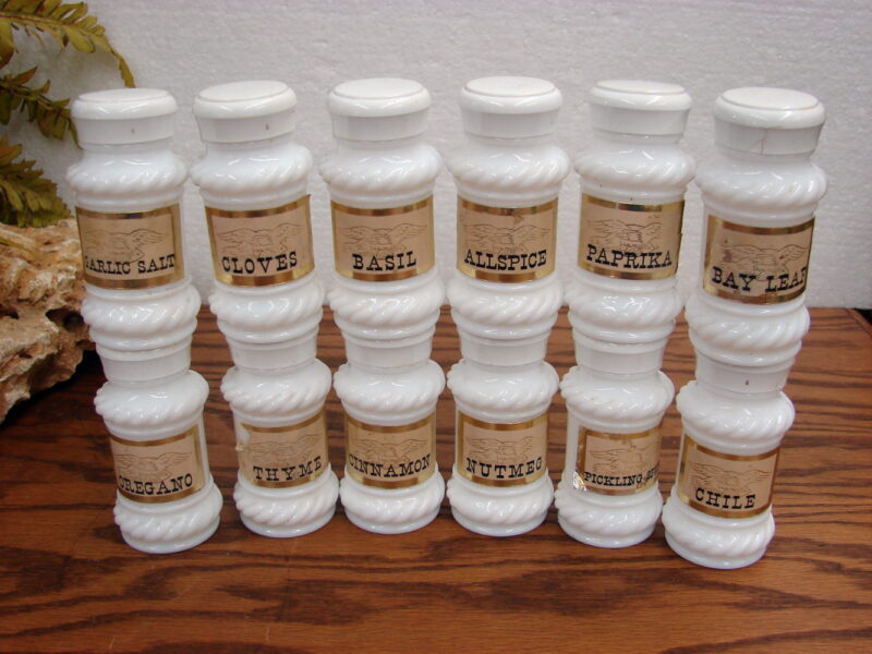 Vintage Milk Glass Set/12 Spice Jar Shaker Set Rope Braid w/ Paper Labels, Moose-R-Us.Com Log Cabin Decor