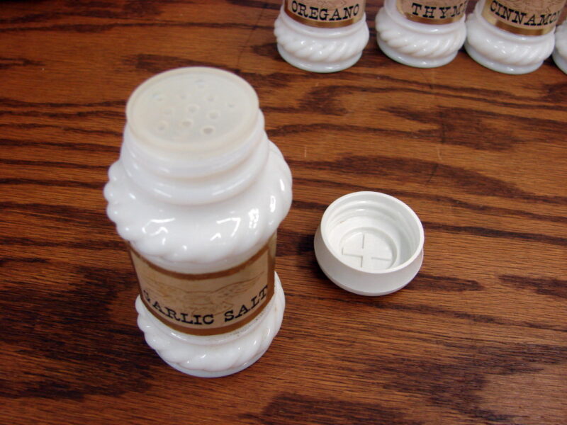 Vintage Milk Glass Set/12 Spice Jar Shaker Set Rope Braid w/ Paper Labels, Moose-R-Us.Com Log Cabin Decor