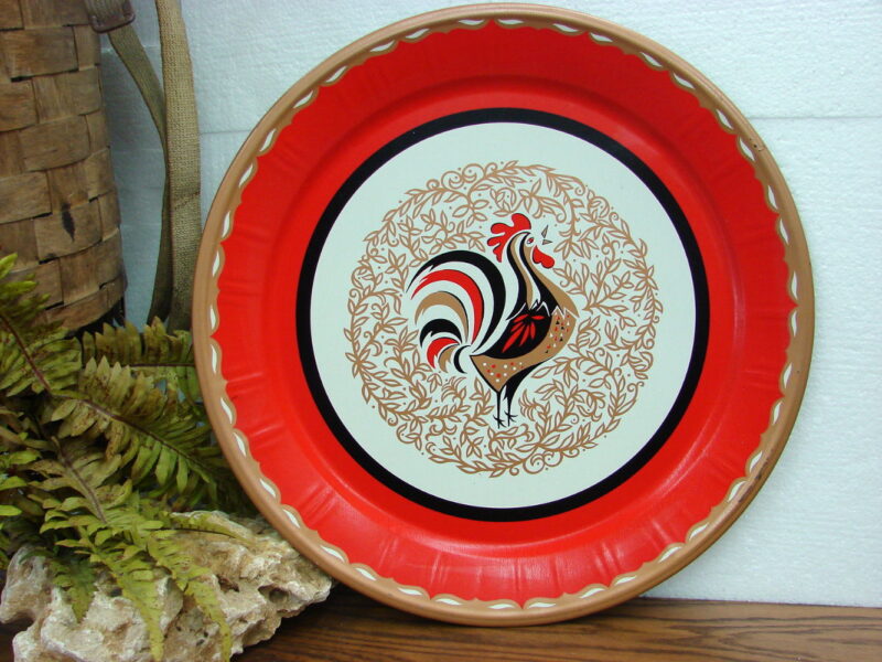 Vintage MCM Metal BBQ Grill Tray Round Red Rooster Tole Serving Platter (Copy), Moose-R-Us.Com Log Cabin Decor