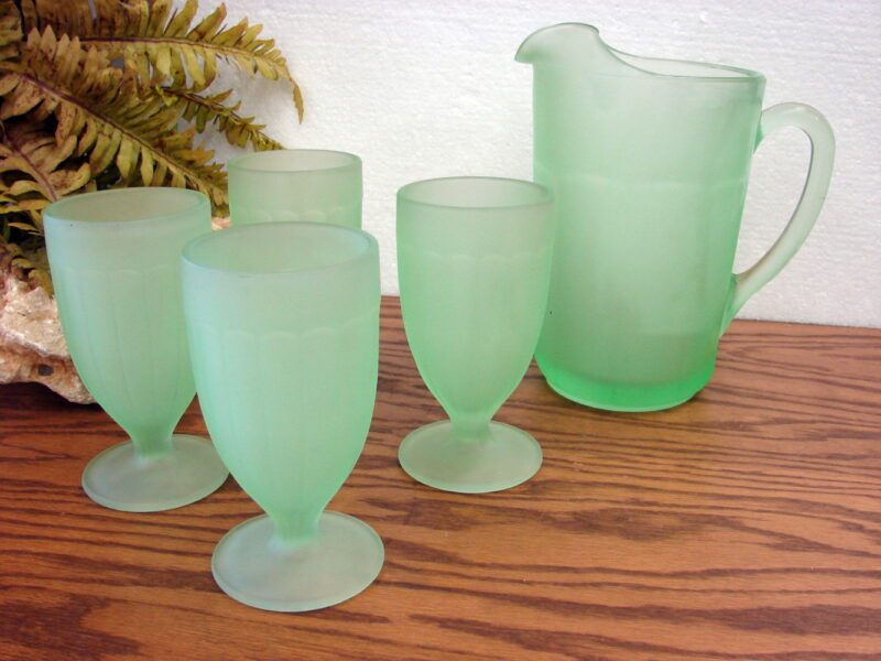 Vintage Indiana Glass Green Satin Jadeite Tiara Pitcher 4 Footed Goblets, Moose-R-Us.Com Log Cabin Decor