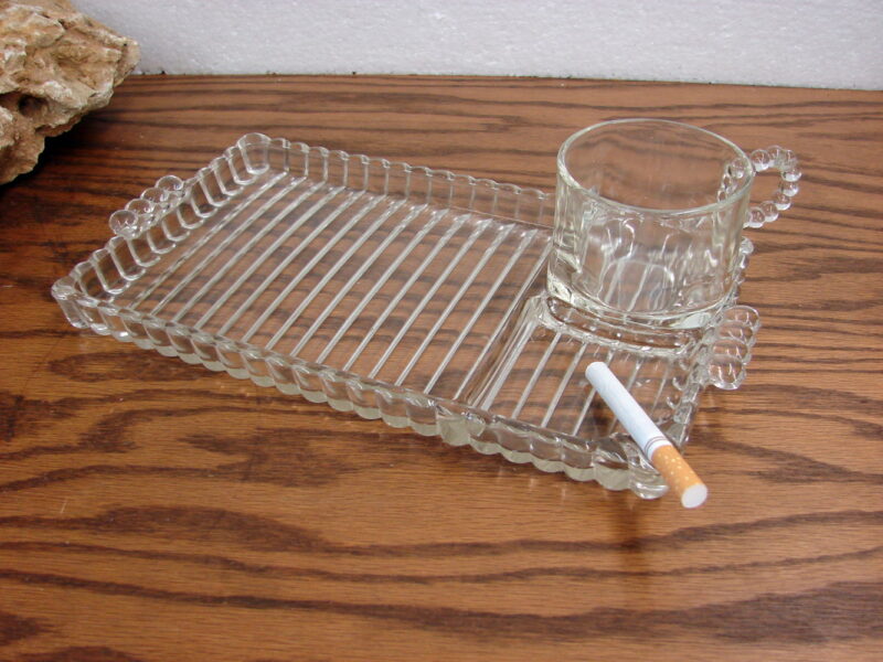 Set/4 Vintage MCM Hazel Atlas Sip Smoke Snack Luncheon Tray Set Ball and Rib, Moose-R-Us.Com Log Cabin Decor