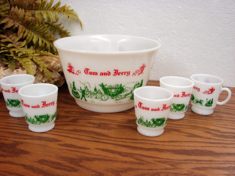 Vintage Hazel Atlas Currier Ives Tom Jerry Egg Nog Milk Glass Punch Bowl Cups, Moose-R-Us.Com Log Cabin Decor