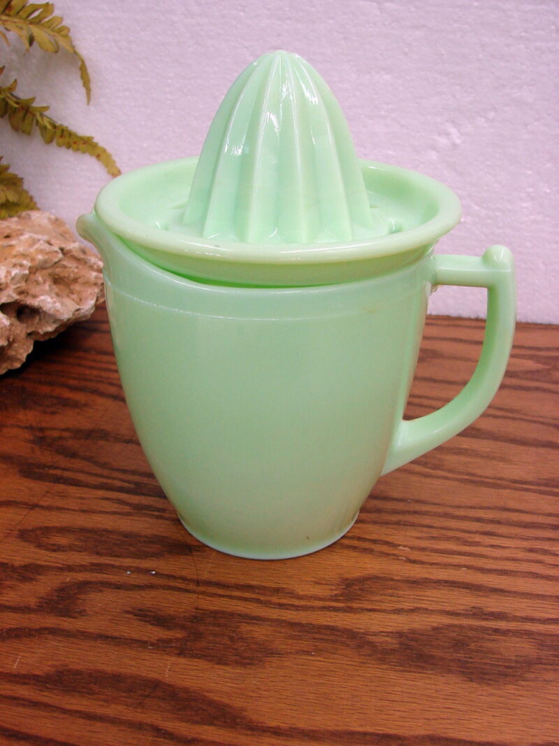 Vintage Jeanette Glass Green Jadeite Measuring Pitcher Juicer Set, Moose-R-Us.Com Log Cabin Decor