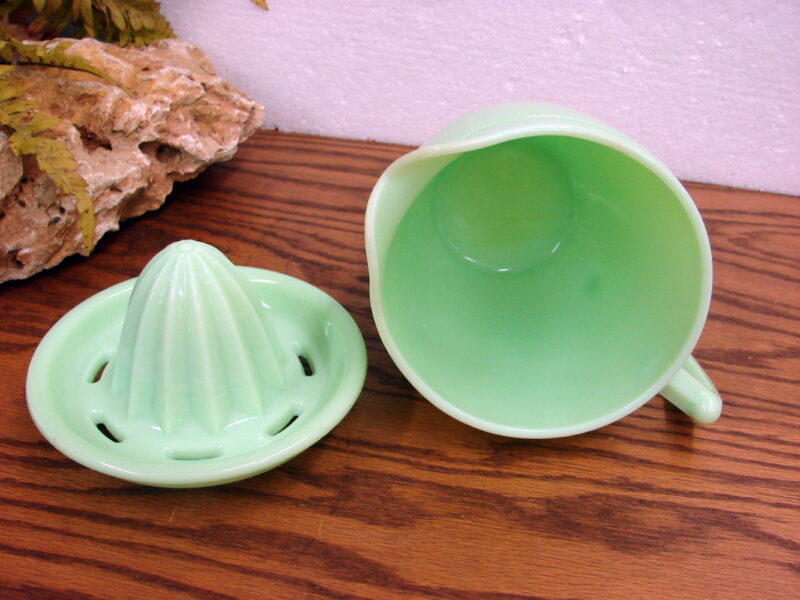 Vintage Jeanette Glass Green Jadeite Measuring Pitcher Juicer Set, Moose-R-Us.Com Log Cabin Decor