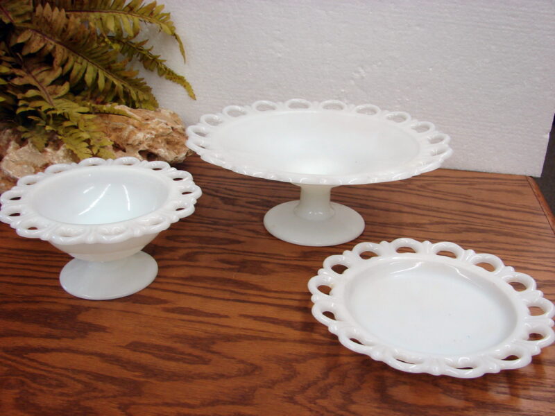 Set/3 Vintage Anchor Hocking Old Colony Milk Glass Lace Edge Compotes Plates, Moose-R-Us.Com Log Cabin Decor