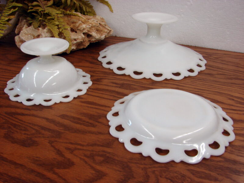 Set/3 Vintage Anchor Hocking Old Colony Milk Glass Lace Edge Compotes Plates, Moose-R-Us.Com Log Cabin Decor