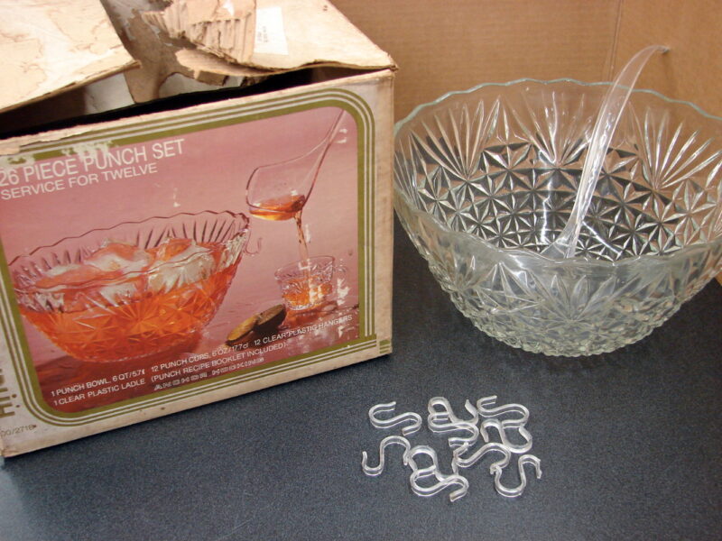 Vintage Anchor Hocking Arlington 6 Qt Punch Bowl Set Bowl Cups Ladle Hooks, Moose-R-Us.Com Log Cabin Decor