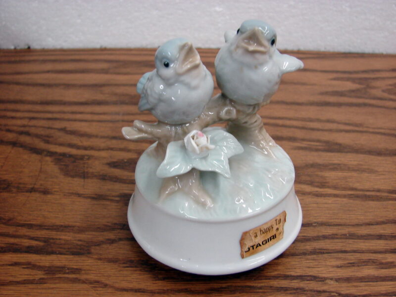 Vintage Otagiri Porcelain Blue Birds Musical Music Box Plays Whistle a Happy Tune, Moose-R-Us.Com Log Cabin Decor