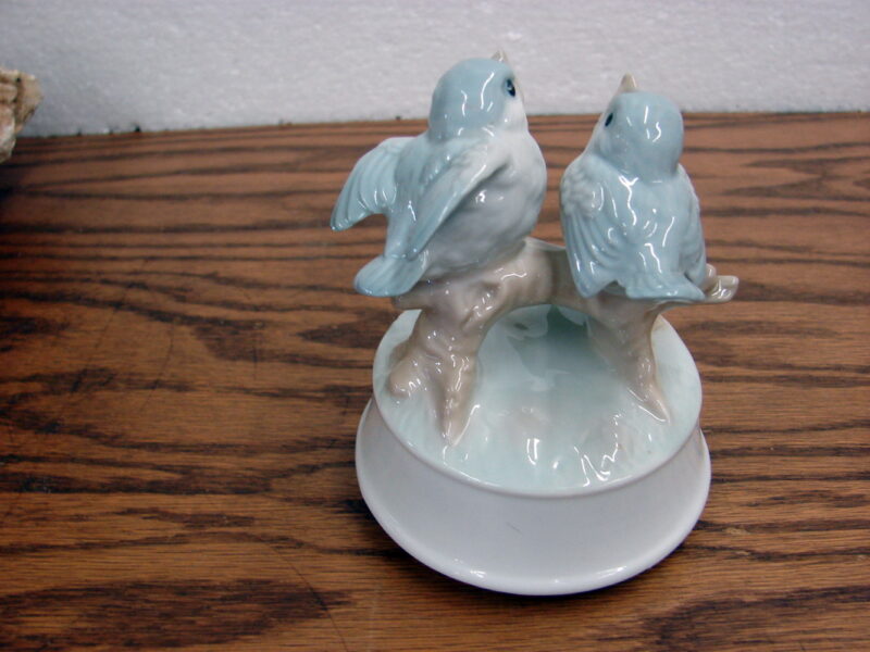 Vintage Otagiri Porcelain Blue Birds Musical Music Box Plays Whistle a Happy Tune, Moose-R-Us.Com Log Cabin Decor