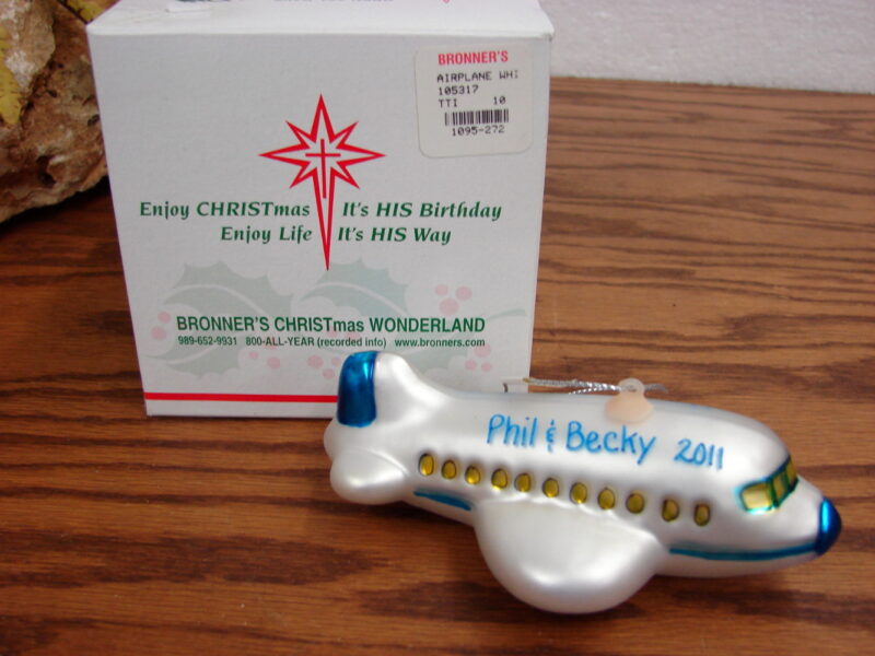 Vintage Bronner&#8217;s Blown Glass Christmas Ornament Air Plane, Moose-R-Us.Com Log Cabin Decor