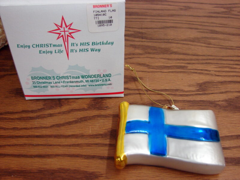 Vintage Bronner&#8217;s Blown Glass Christmas Ornament Finland Flag, Moose-R-Us.Com Log Cabin Decor