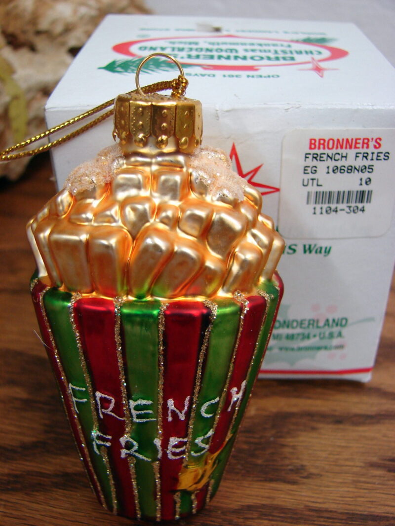 Vintage Bronner&#8217;s Blown Glass Christmas Ornament French Fries, Moose-R-Us.Com Log Cabin Decor