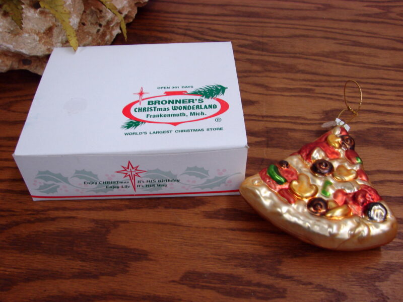 Vintage Bronner&#8217;s Blown Glass Christmas Ornament Pizza Slice, Moose-R-Us.Com Log Cabin Decor