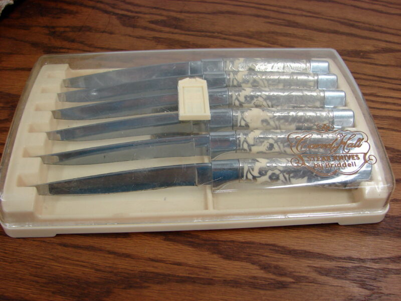 Vintage Set/6 Briddel Carvel Hall Silver Overlay Steak Knives in Box, Moose-R-Us.Com Log Cabin Decor