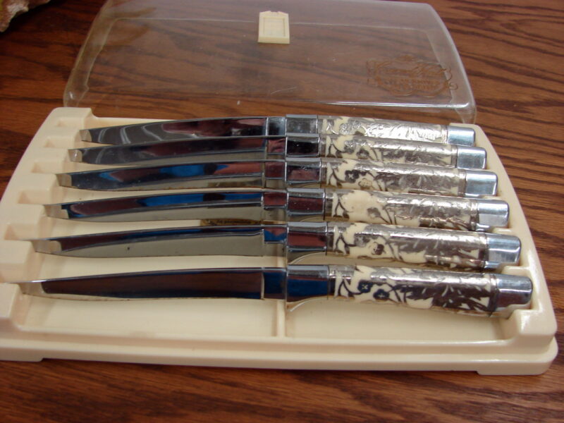 Vintage Set/6 Briddel Carvel Hall Silver Overlay Steak Knives in Box, Moose-R-Us.Com Log Cabin Decor